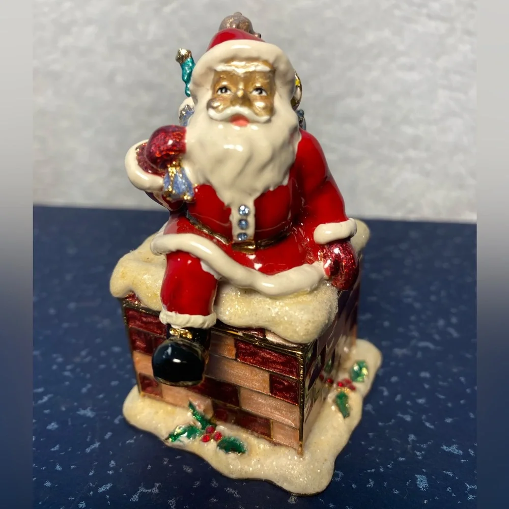 Kubla Crafts Bejeweled Enamel Over Pewter Santa on Chimney Trinket Box